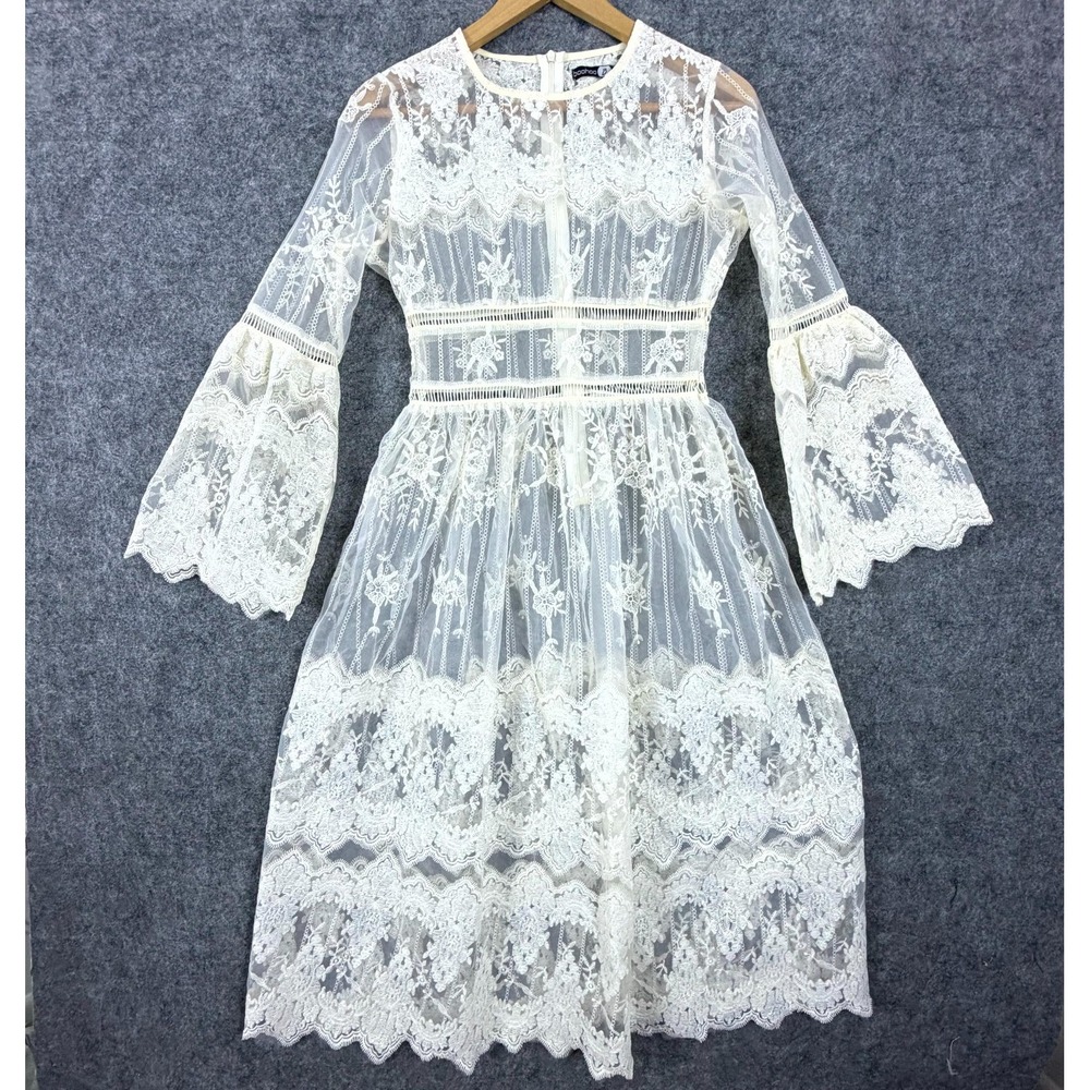 Boohoo Lace Dress Women 4 Off White Festival Bridal Boho Sheer Bell Sleeve Midi